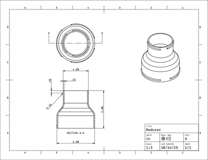 6in to 4in Reducer -  Leaf Vacuum Hose Adapter