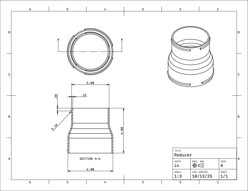 6in to 5in Reducer -  Leaf Vacuum Hose Adapter