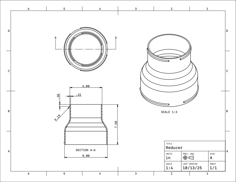 8in to 6in Reducer -  Leaf Vacuum Hose Adapter