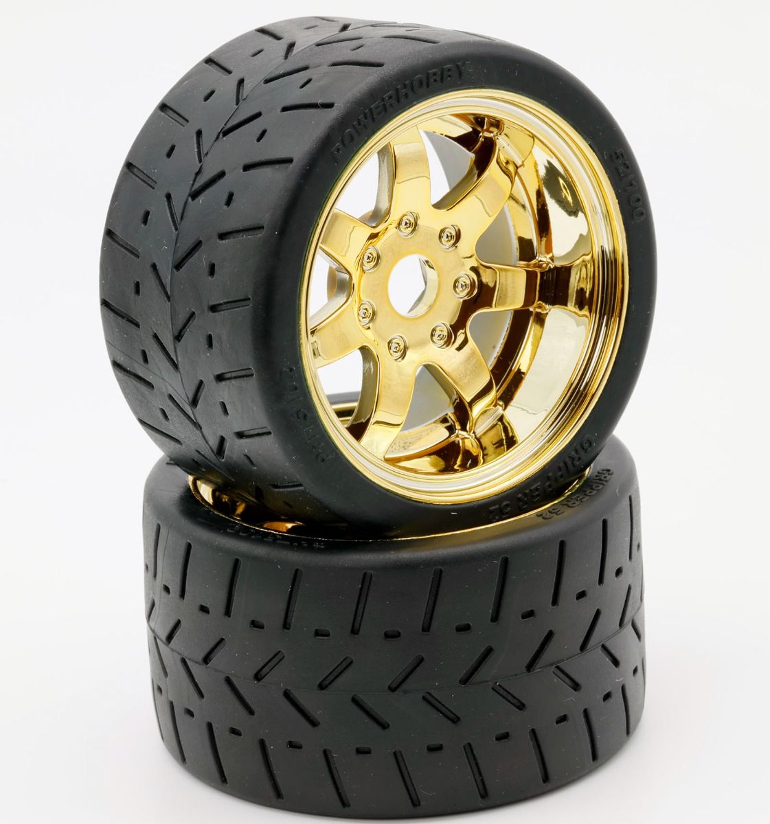 1/8 Gripper 54/100 Belted Mounted Tires 17mm Gold Wheels