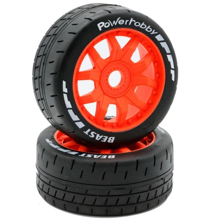 1/8 GT Beast Belted Mounted Tires 17mm Soft Orange Wheels