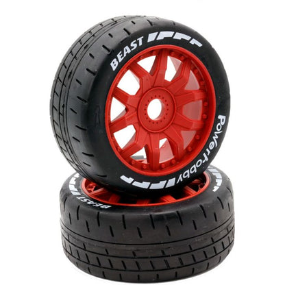 1/8 GT Beast Belted Mounted Tires 17mm Soft Red Wheels