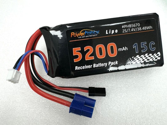 2S 5200mah 15C LiPo Battery w/EC3 & JR Connector Receiver