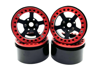 1.9" Aluminum Beadlock Rims (4pcs) 5 Star, Black with Red