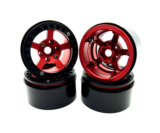 1.9" Aluminum Beadlock Rims (4pcs) 5 Star, Red with Black